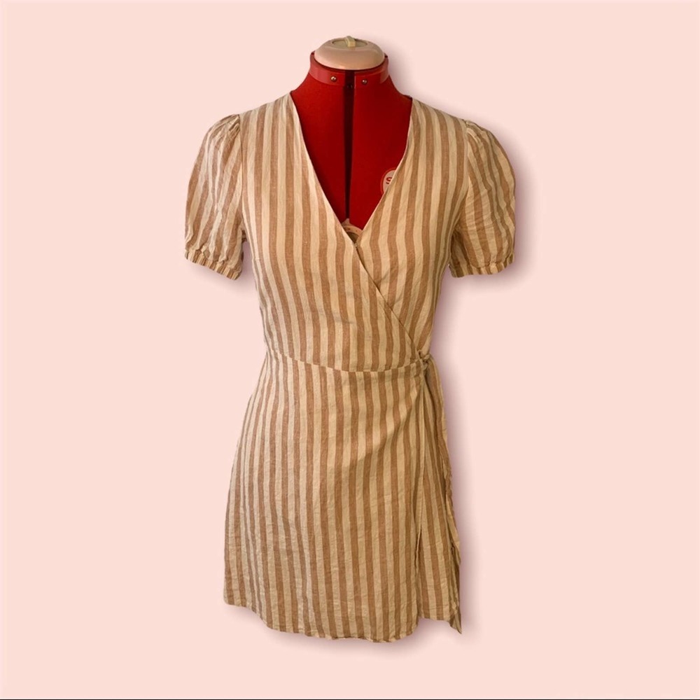 Everly Beige Striped Linen Wrap Dress Linen Dress for Women Size Small